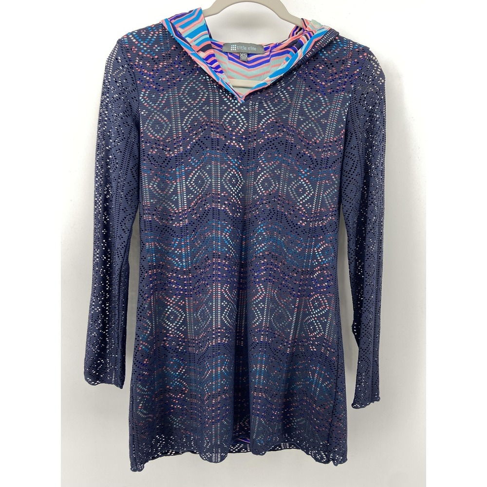 Title Nine Cover Up Women XS Blue Hooded Swim Tunic Long Sleeve Mesh Beach Lined